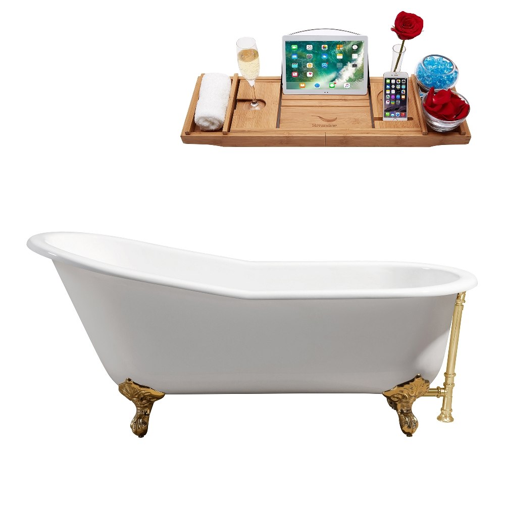 STREAMLINE R5221GLD-GLD 61 INCH CAST IRON SOAKING CLAWFOOT TUB IN GLOSSY WHITE FINISH WITH TRAY AND EXTERNAL DRAIN