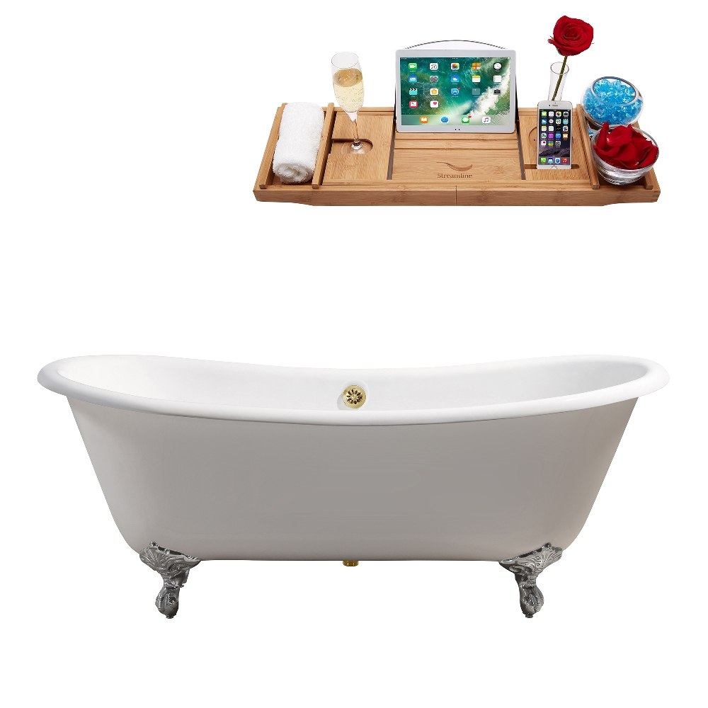 STREAMLINE R5240CH-GLD 71 INCH CAST IRON SOAKING CLAWFOOT TUB IN GLOSSY WHITE FINISH WITH TRAY AND EXTERNAL DRAIN