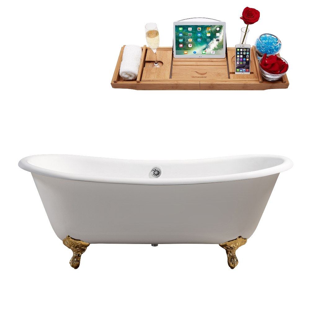 STREAMLINE R5240GLD-CH 71 INCH CAST IRON SOAKING CLAWFOOT TUB IN GLOSSY WHITE FINISH WITH TRAY AND EXTERNAL DRAIN