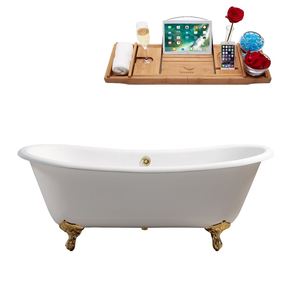 STREAMLINE R5240GLD-GLD 71 INCH CAST IRON SOAKING CLAWFOOT TUB IN GLOSSY WHITE FINISH WITH TRAY AND EXTERNAL DRAIN