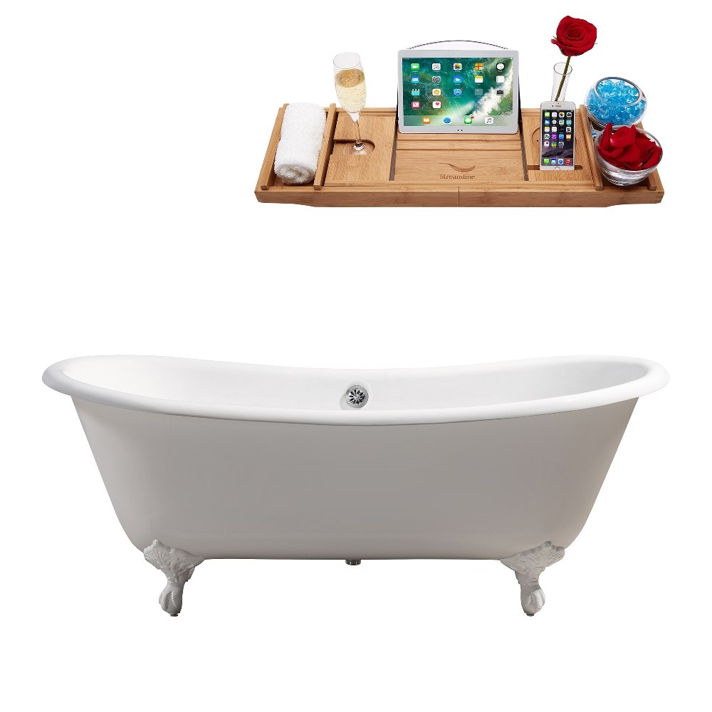 STREAMLINE R5240WH-CH 71 INCH CAST IRON SOAKING CLAWFOOT TUB IN GLOSSY WHITE FINISH WITH TRAY AND EXTERNAL DRAIN