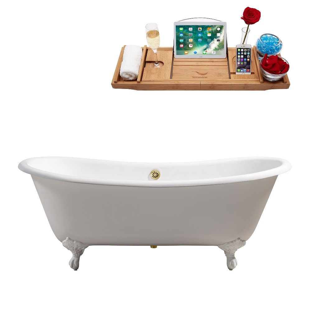 STREAMLINE R5240WH-GLD 71 INCH CAST IRON SOAKING CLAWFOOT TUB IN GLOSSY WHITE FINISH WITH TRAY AND EXTERNAL DRAIN