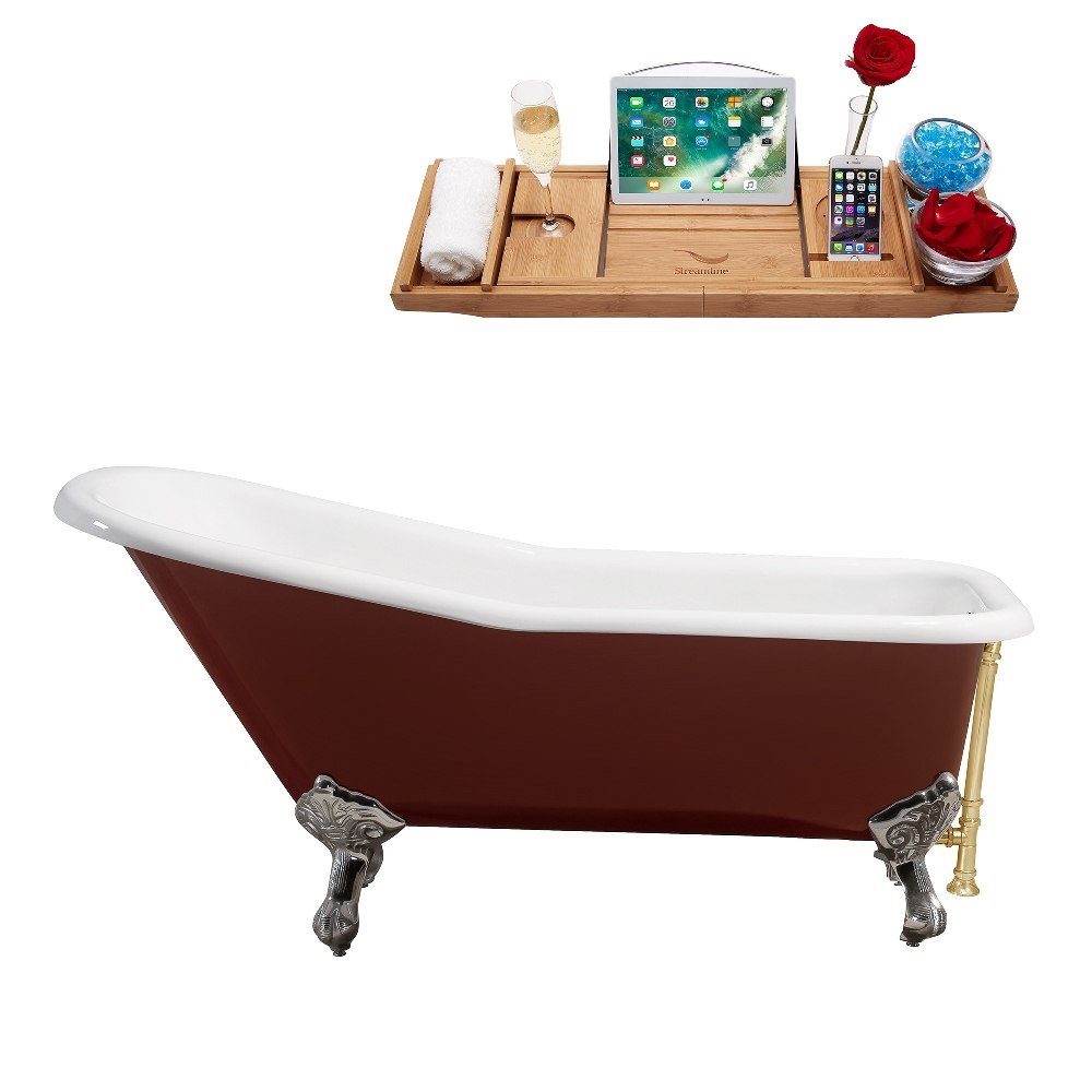 STREAMLINE R5280CH-GLD 66 INCH CAST IRON SOAKING CLAWFOOT TUB IN GLOSSY RED FINISH WITH TRAY AND EXTERNAL DRAIN