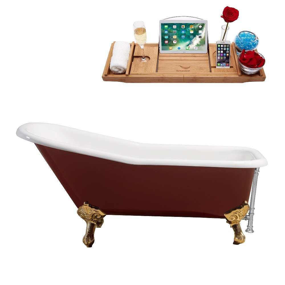 STREAMLINE R5280GLD-CH 66 INCH CAST IRON SOAKING CLAWFOOT TUB IN GLOSSY RED FINISH WITH TRAY AND EXTERNAL DRAIN