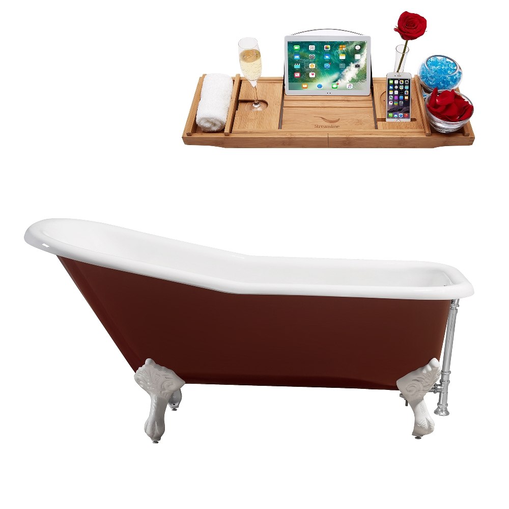 STREAMLINE R5280WH-CH 66 INCH CAST IRON SOAKING CLAWFOOT TUB IN GLOSSY RED FINISH WITH TRAY AND EXTERNAL DRAIN