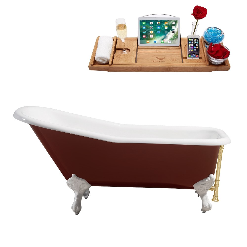 STREAMLINE R5280WH-GLD 66 INCH CAST IRON SOAKING CLAWFOOT TUB IN GLOSSY RED FINISH WITH TRAY AND EXTERNAL DRAIN