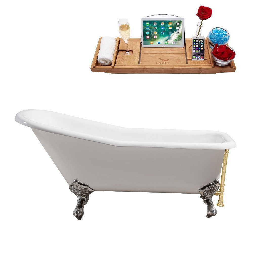 STREAMLINE R5281CH-GLD 66 INCH CAST IRON SOAKING CLAWFOOT TUB IN GLOSSY WHITE FINISH WITH TRAY AND EXTERNAL DRAIN
