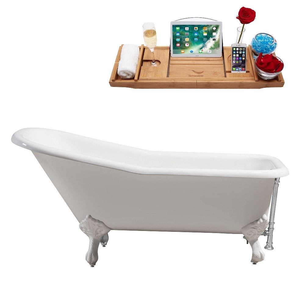 STREAMLINE R5281WH-CH 66 INCH CAST IRON SOAKING CLAWFOOT TUB IN GLOSSY WHITE FINISH WITH TRAY AND EXTERNAL DRAIN