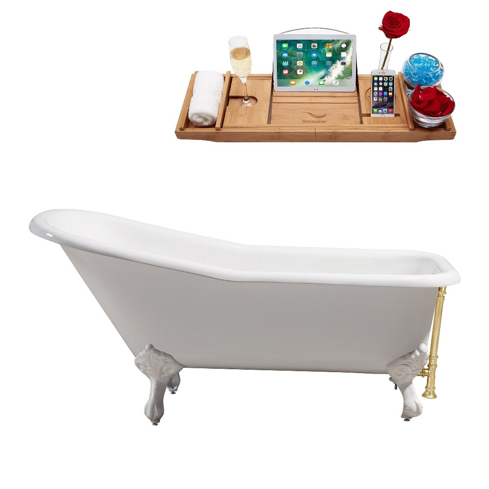STREAMLINE R5281WH-GLD 66 INCH CAST IRON SOAKING CLAWFOOT TUB IN GLOSSY WHITE FINISH WITH TRAY AND EXTERNAL DRAIN