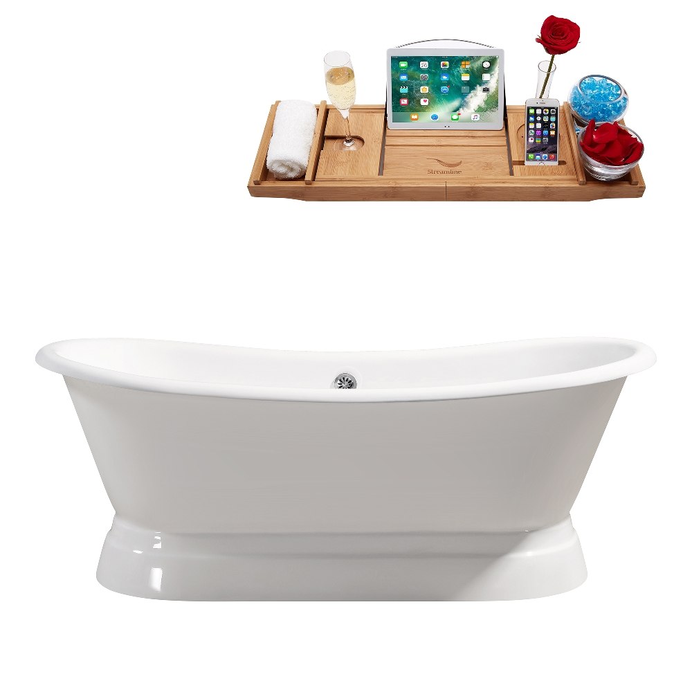 STREAMLINE R5300CH 71 INCH CAST IRON SOAKING FREESTANDING TUB IN GLOSSY WHITE FINISH WITH TRAY AND EXTERNAL DRAIN