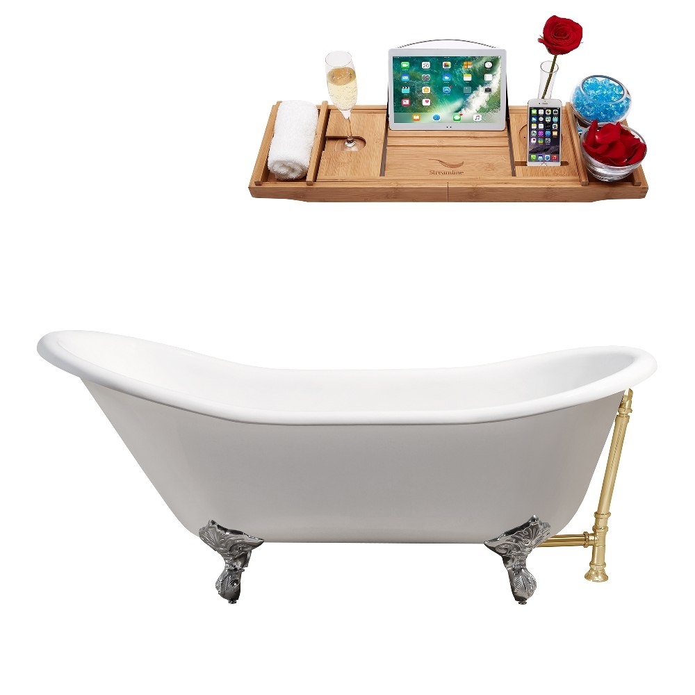 STREAMLINE R5420CH-GLD 67 INCH CAST IRON SOAKING CLAWFOOT TUB IN GLOSSY WHITE FINISH WITH TRAY AND EXTERNAL DRAIN