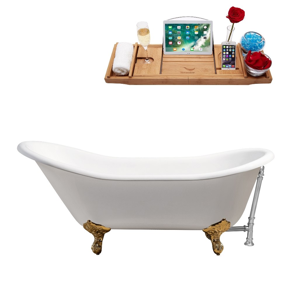 STREAMLINE R5420GLD-CH 67 INCH CAST IRON SOAKING CLAWFOOT TUB IN GLOSSY WHITE FINISH WITH TRAY AND EXTERNAL DRAIN