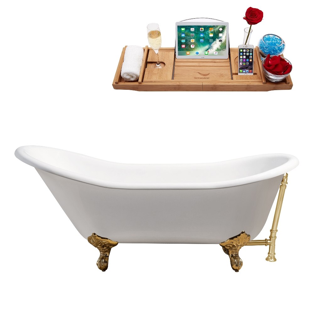 STREAMLINE R5420GLD-GLD 67 INCH CAST IRON SOAKING CLAWFOOT TUB IN GLOSSY WHITE FINISH WITH TRAY AND EXTERNAL DRAIN