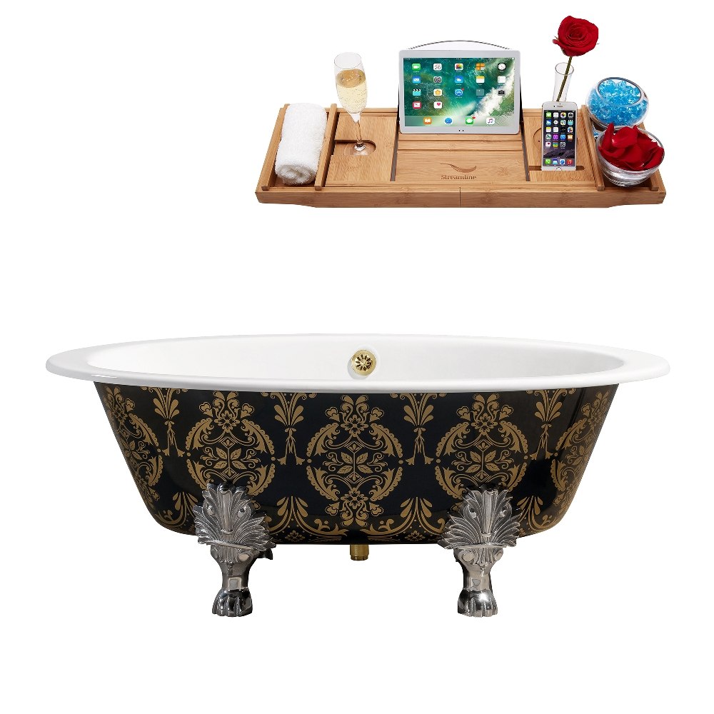 STREAMLINE R5440CH-GLD 65 INCH CAST IRON SOAKING CLAWFOOT TUB IN GLOSSY GREEN AND GOLD FINISH WITH TRAY AND EXTERNAL DRAIN