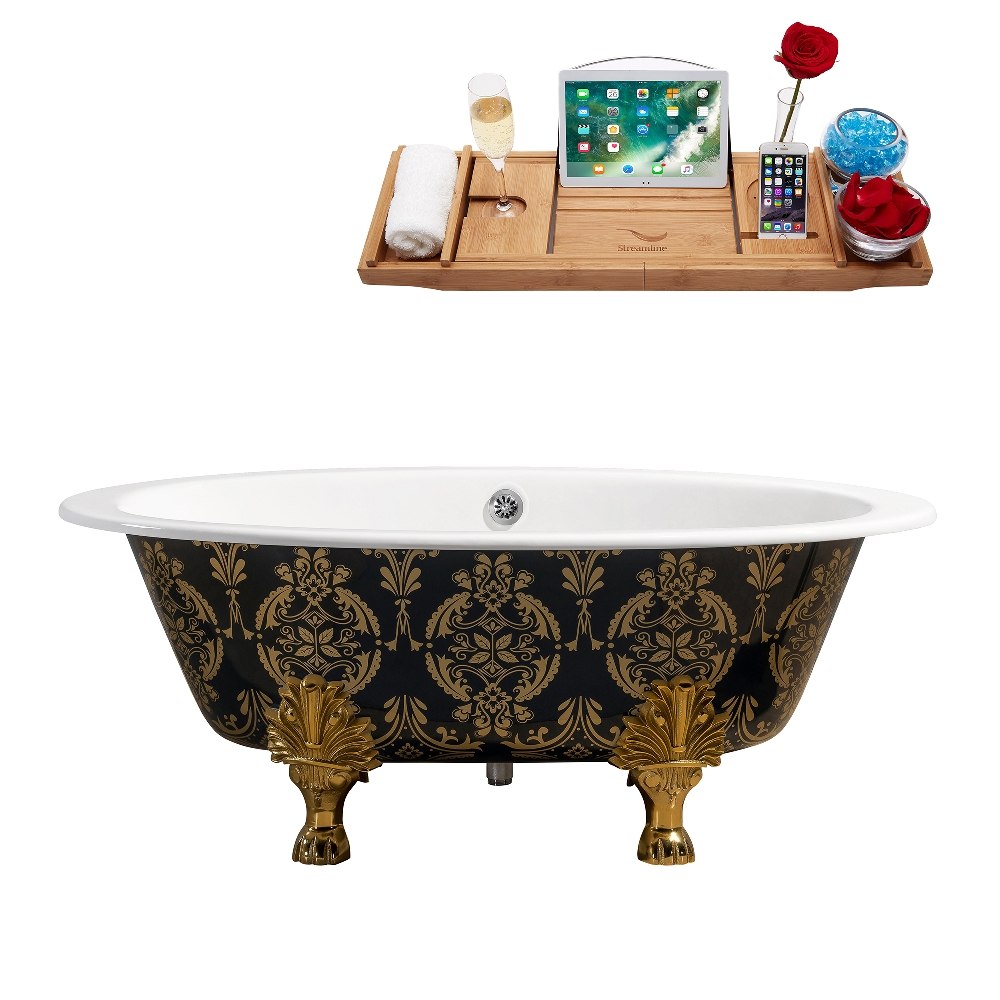 STREAMLINE R5440GLD-CH 65 INCH CAST IRON SOAKING CLAWFOOT TUB IN GLOSSY GREEN AND GOLD FINISH WITH TRAY AND EXTERNAL DRAIN
