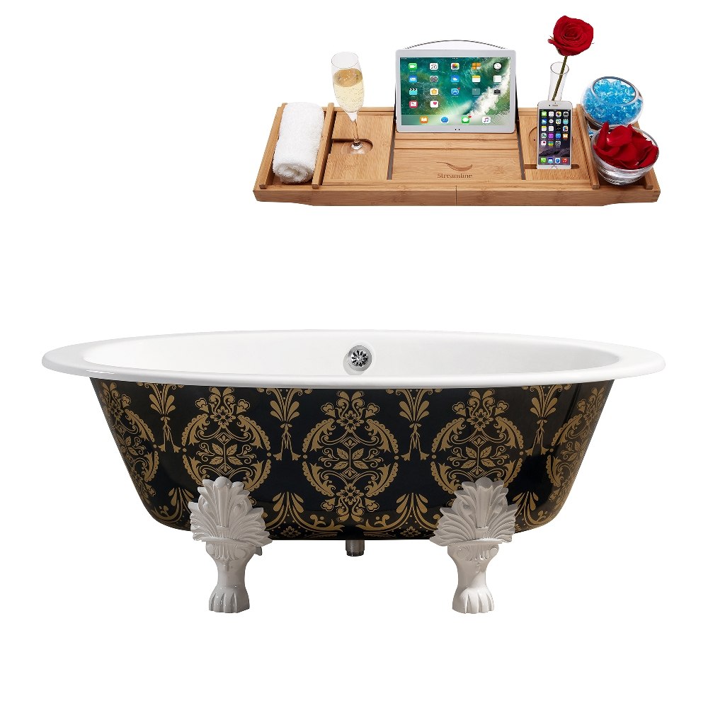 STREAMLINE R5440WH-CH 65 INCH CAST IRON SOAKING CLAWFOOT TUB IN GLOSSY GREEN AND GOLD FINISH WITH TRAY AND EXTERNAL DRAIN