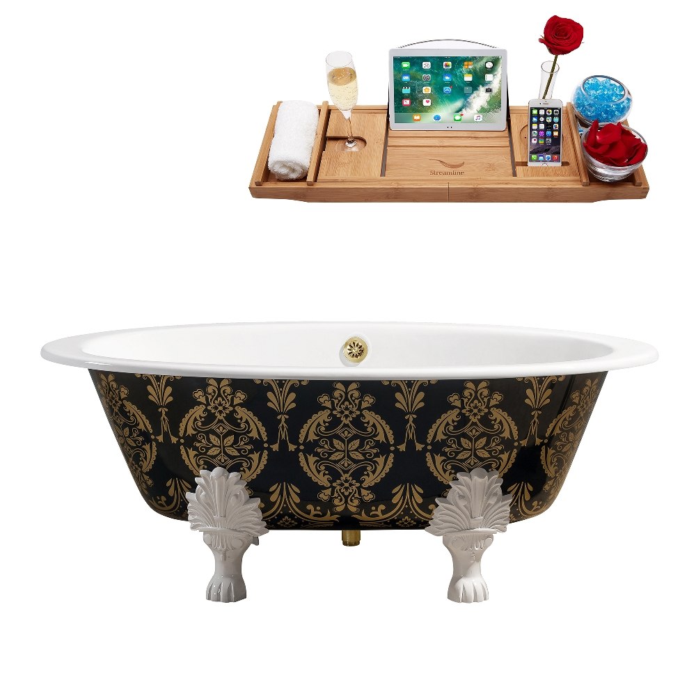 STREAMLINE R5440WH-GLD 65 INCH CAST IRON SOAKING CLAWFOOT TUB IN GLOSSY GREEN AND GOLD FINISH WITH TRAY AND EXTERNAL DRAIN