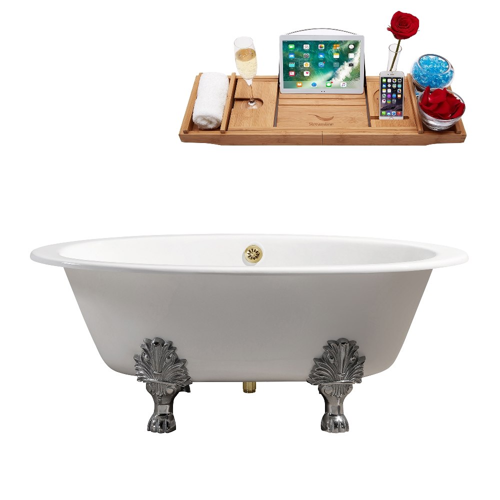 STREAMLINE R5442CH-GLD 65 INCH CAST IRON SOAKING CLAWFOOT TUB IN GLOSSY WHITE FINISH WITH TRAY AND EXTERNAL DRAIN