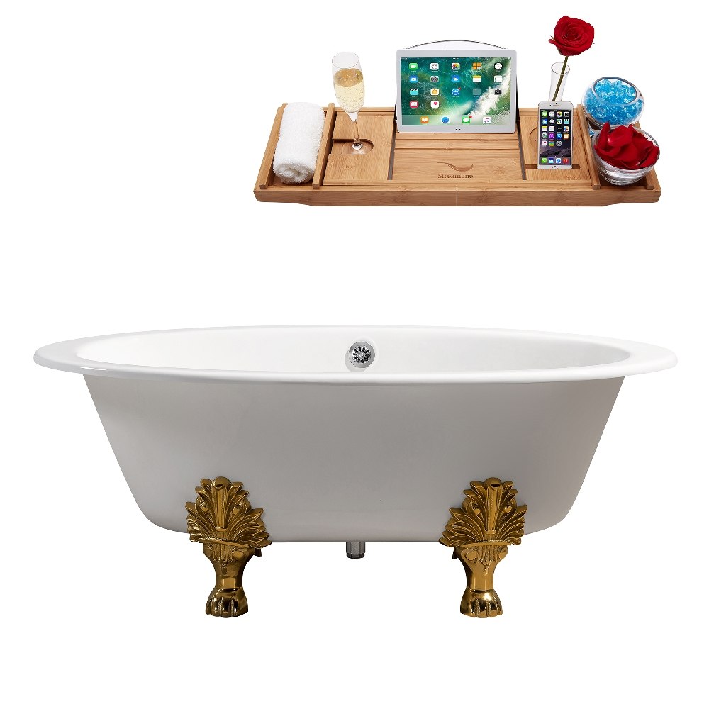 STREAMLINE R5442GLD-CH 65 INCH CAST IRON SOAKING CLAWFOOT TUB IN GLOSSY WHITE FINISH WITH TRAY AND EXTERNAL DRAIN