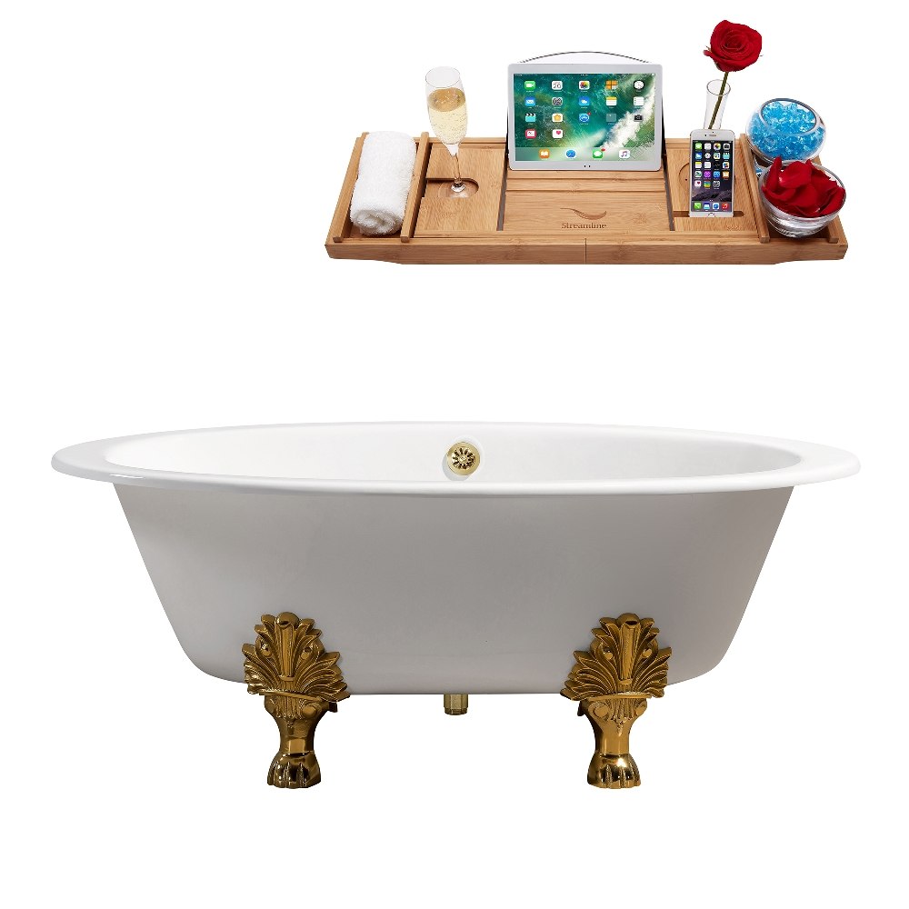 STREAMLINE R5442GLD-GLD 65 INCH CAST IRON SOAKING CLAWFOOT TUB IN GLOSSY WHITE FINISH WITH TRAY AND EXTERNAL DRAIN