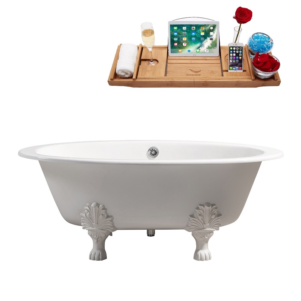 STREAMLINE R5442WH-CH 65 INCH CAST IRON SOAKING CLAWFOOT TUB IN GLOSSY WHITE FINISH WITH TRAY AND EXTERNAL DRAIN