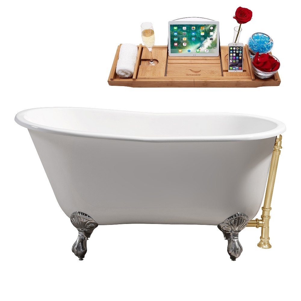 STREAMLINE R5460CH-GLD 53 INCH CAST IRON SOAKING CLAWFOOT TUB IN GLOSSY WHITE FINISH WITH TRAY AND EXTERNAL DRAIN