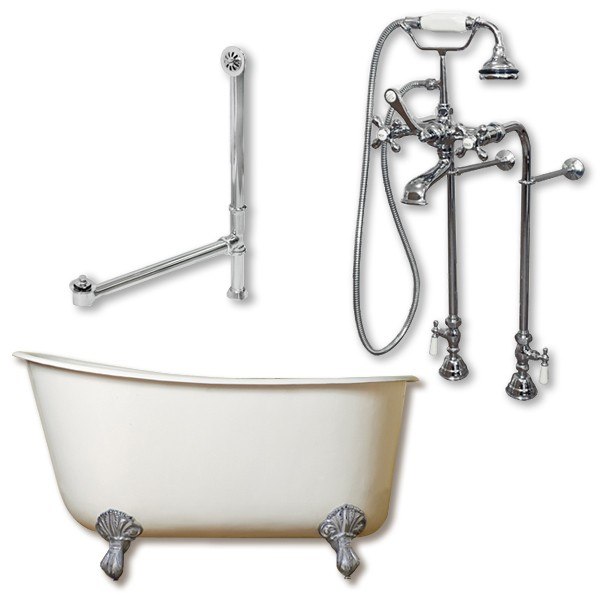 CAMBRIDGE PLUMBING SWED54-398463-PKG-NH CAST IRON SWEDISH SLIPPER TUB 54 X 30 INCH WITH FREE STANDING BRITISH TELEPHONE FAUCET AND HAND SHOWER PLUMBING PACKAGE