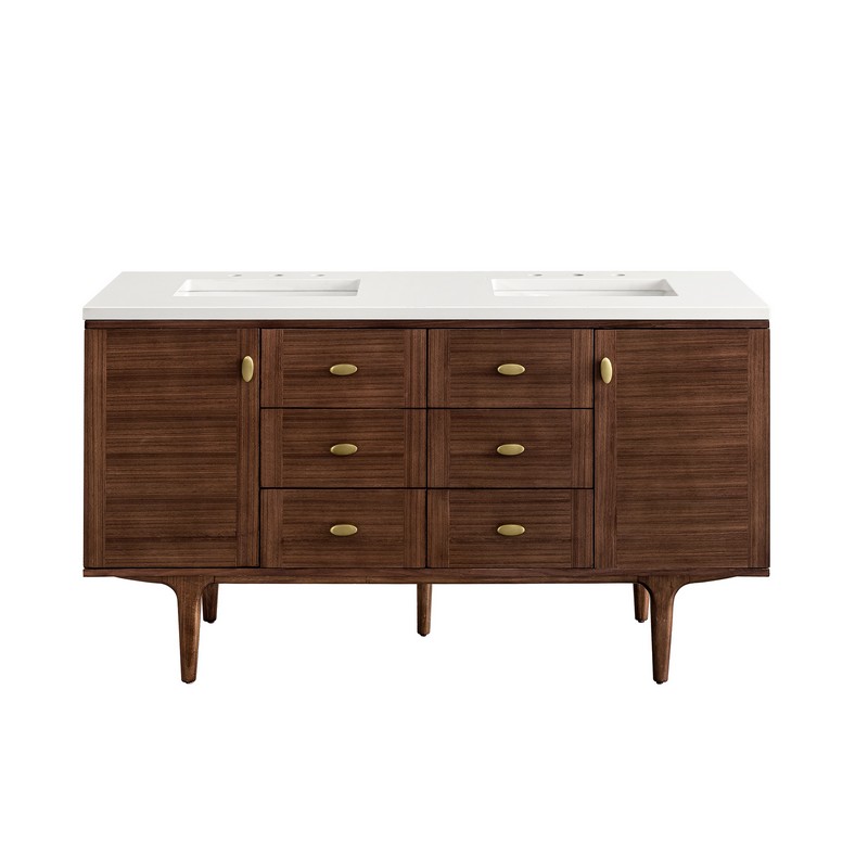 JAMES MARTIN 670-V60D-WLT-3WZ AMBERLY 60 INCH DOUBLE VANITY IN MID-CENTURY WALNUT WITH 3CM WHITE ZEUS TOP