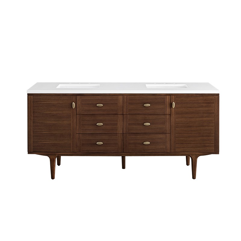 JAMES MARTIN 670-V72-WLT-3WZ AMBERLY 72 INCH DOUBLE VANITY IN MID-CENTURY WALNUT WITH 3CM WHITE ZEUS TOP