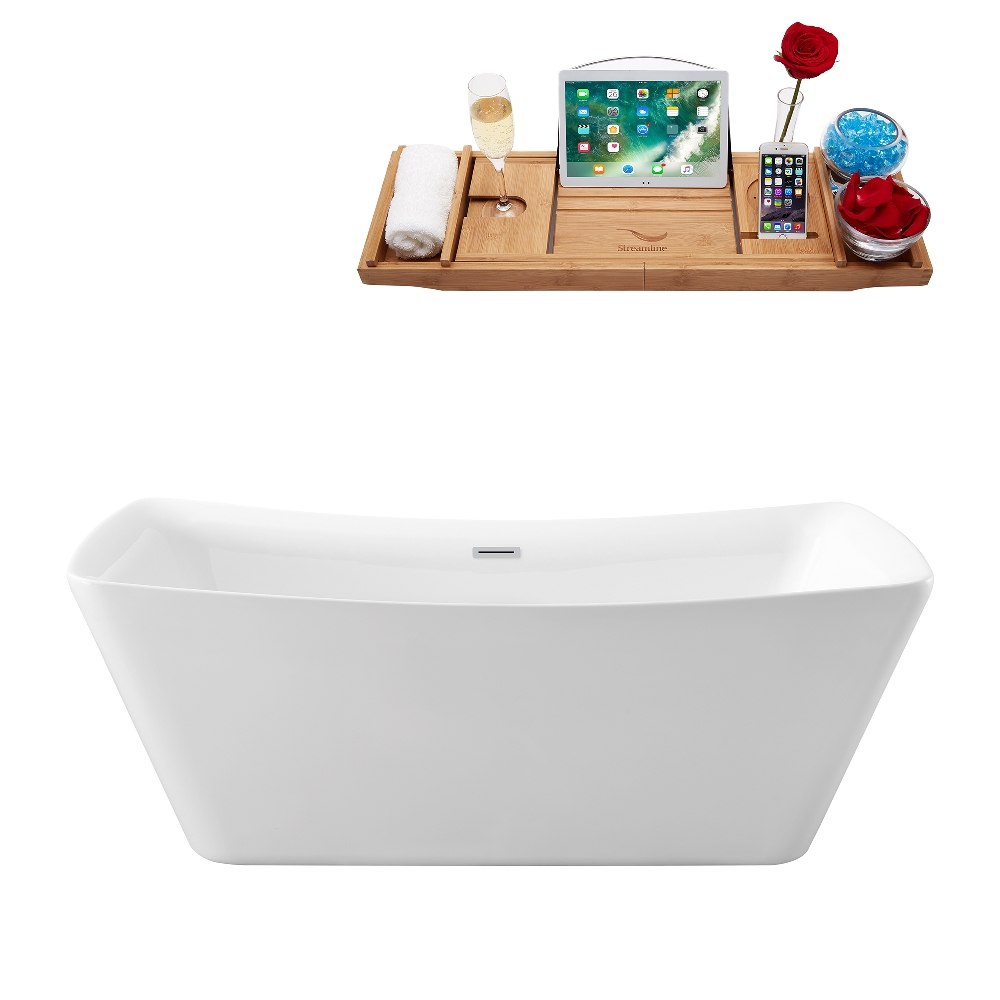 STREAMLINE N-541-67FSWH-FM 67 INCH SOAKING FREESTANDING TUB IN GLOSSY WHITE FINISH WITH TRAY AND INTERNAL DRAIN