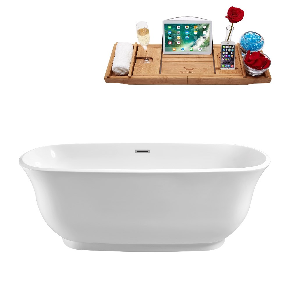STREAMLINE N-661-67FSWH-FM 67 INCH SOAKING FREESTANDING TUB IN GLOSSY WHITE FINISH WITH TRAY AND INTERNAL DRAIN