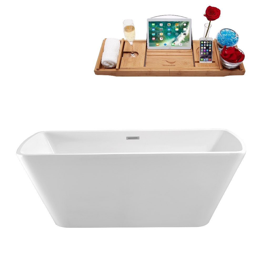 STREAMLINE N-681-67FSWH-FM 67 INCH SOAKING FREESTANDING TUB IN GLOSSY WHITE FINISH WITH TRAY AND INTERNAL DRAIN