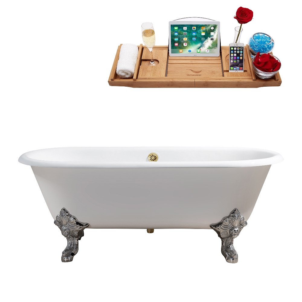STREAMLINE R5001CH-GLD 69 INCH CAST IRON SOAKING CLAWFOOT TUB IN GLOSSY WHITE FINISH WITH TRAY AND EXTERNAL DRAIN