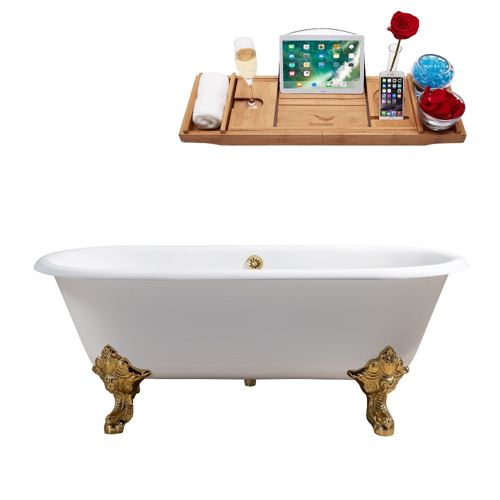 STREAMLINE R5001GLD-GLD 69 INCH CAST IRON SOAKING CLAWFOOT TUB IN GLOSSY WHITE FINISH WITH TRAY AND EXTERNAL DRAIN