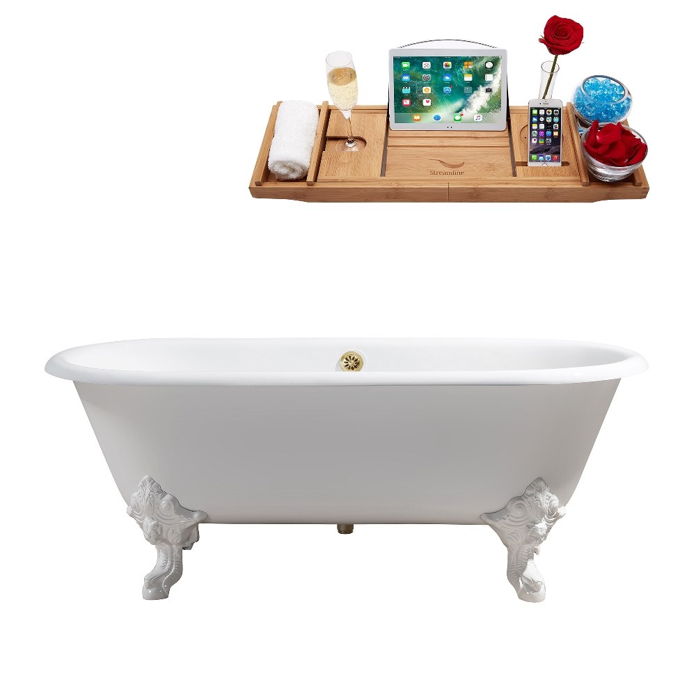 STREAMLINE R5001WH-GLD 69 INCH CAST IRON SOAKING CLAWFOOT TUB IN GLOSSY WHITE FINISH WITH TRAY AND EXTERNAL DRAIN