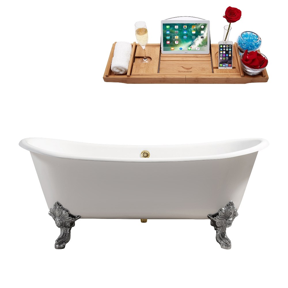 STREAMLINE R5020CH-GLD 72 INCH CAST IRON SOAKING CLAWFOOT TUB IN GLOSSY WHITE FINISH WITH TRAY AND EXTERNAL DRAIN