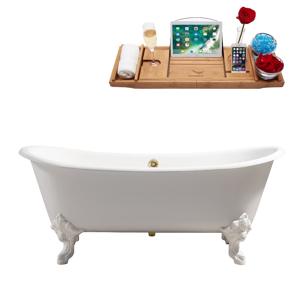 STREAMLINE R5020WH-GLD 72 INCH CAST IRON SOAKING CLAWFOOT TUB IN GLOSSY WHITE FINISH WITH TRAY AND EXTERNAL DRAIN