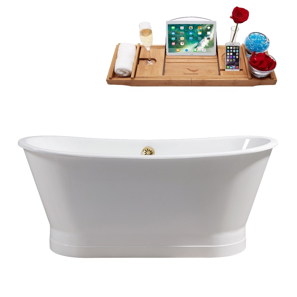 STREAMLINE R5042GLD 67 INCH CAST IRON SOAKING FREESTANDING TUB IN GLOSSY WHITE FINISH WITH TRAY AND EXTERNAL DRAIN