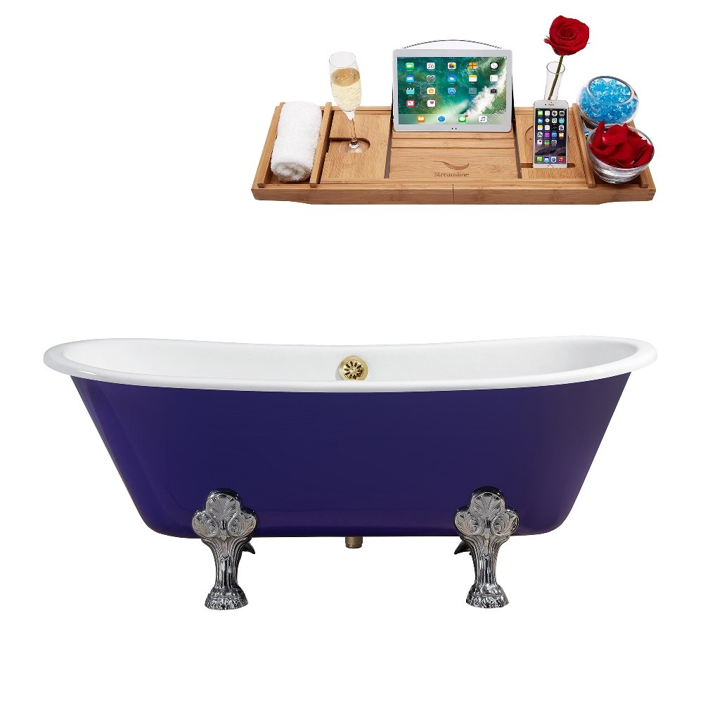 STREAMLINE R5060CH-GLD 67 INCH CAST IRON SOAKING CLAWFOOT TUB IN GLOSSY PURPLE FINISH WITH TRAY AND EXTERNAL DRAIN