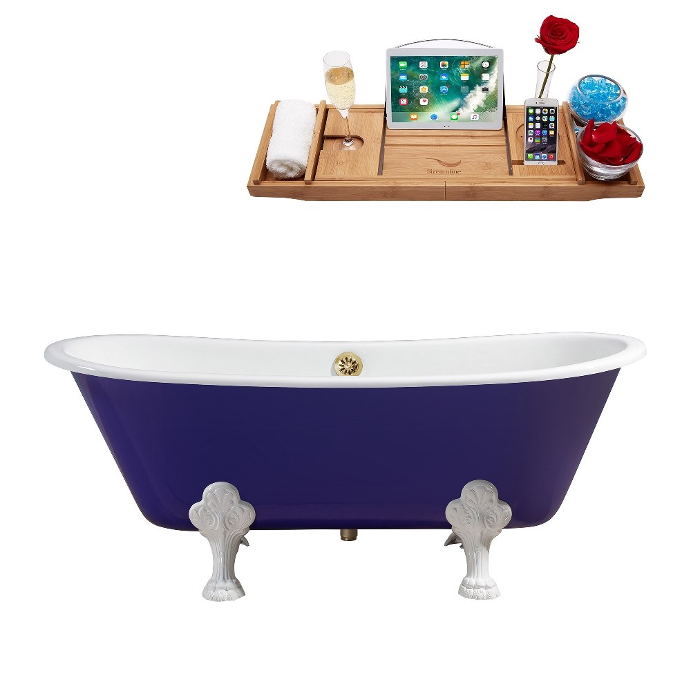 STREAMLINE R5060WH-GLD 67 INCH CAST IRON SOAKING CLAWFOOT TUB IN GLOSSY PURPLE FINISH WITH TRAY AND EXTERNAL DRAIN