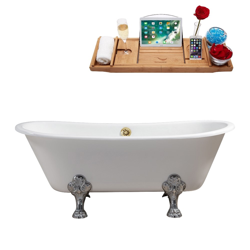STREAMLINE R5061CH-GLD 67 INCH CAST IRON SOAKING CLAWFOOT TUB IN WHITE WITH TRAY AND EXTERNAL DRAIN