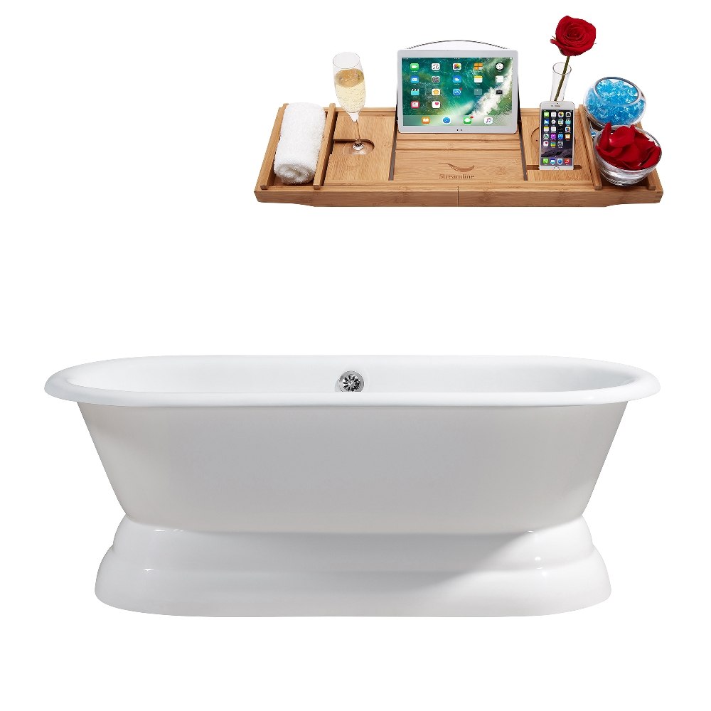 STREAMLINE R5080CH 67 INCH CAST IRON SOAKING FREESTANDING TUB IN GLOSSY WHITE FINISH WITH TRAY AND EXTERNAL DRAIN