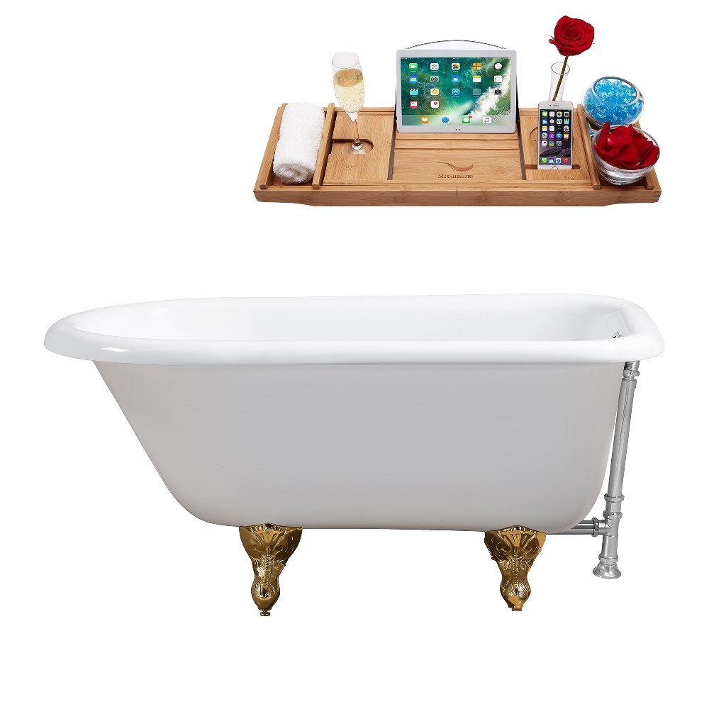 STREAMLINE R5101GLD-CH 48 INCH CAST IRON SOAKING CLAWFOOT TUB IN GLOSSY WHITE FINISH WITH TRAY AND EXTERNAL DRAIN