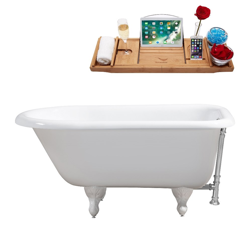 STREAMLINE R5101WH-CH 48 INCH CAST IRON SOAKING CLAWFOOT TUB IN GLOSSY WHITE FINISH WITH TRAY AND EXTERNAL DRAIN