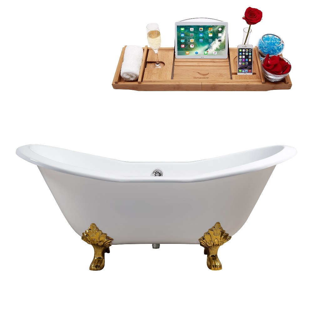 STREAMLINE R5163GLD-CH 61 INCH CAST IRON SOAKING CLAWFOOT TUB IN GLOSSY WHITE FINISH WITH TRAY AND EXTERNAL DRAIN