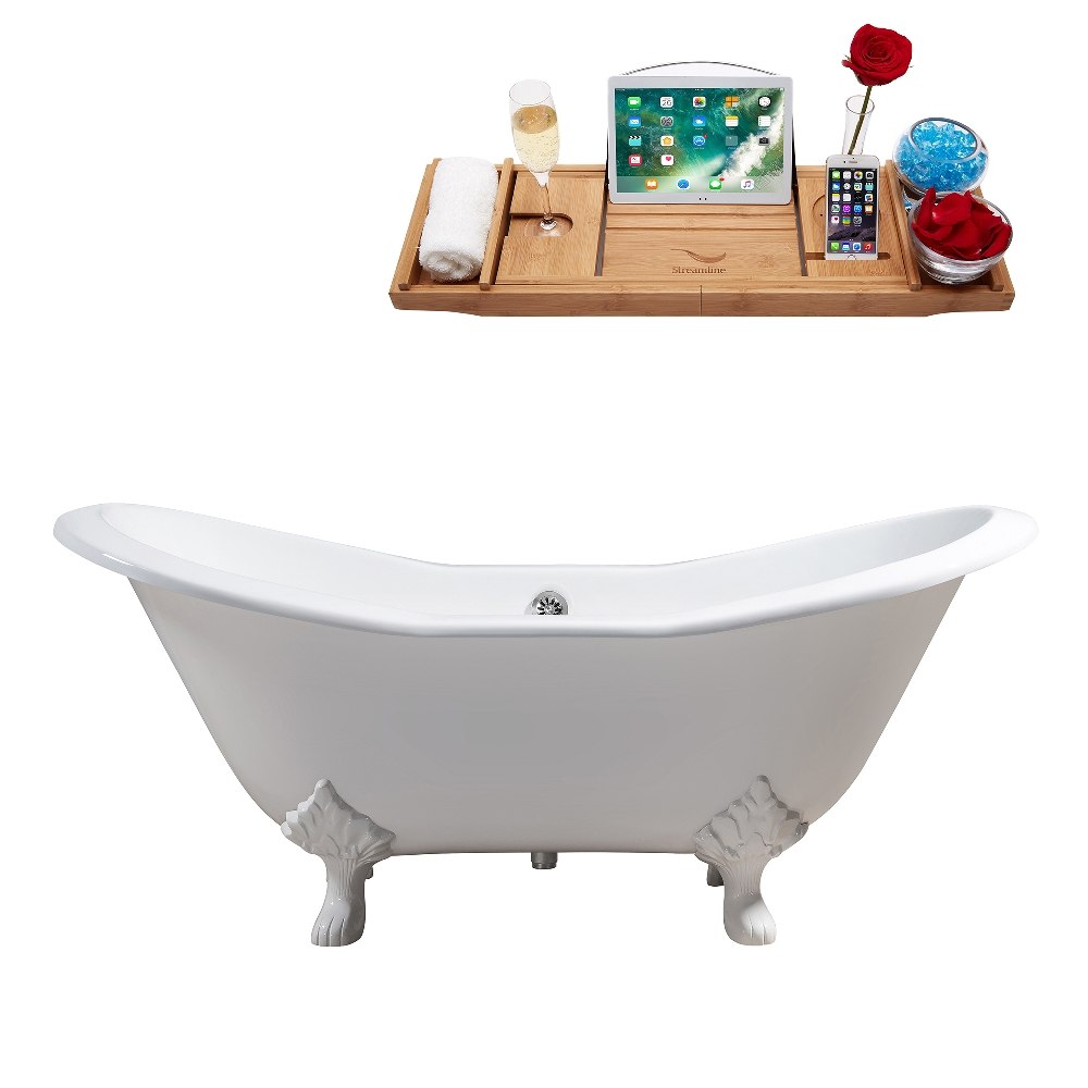 STREAMLINE R5163WH-CH 61 INCH CAST IRON SOAKING CLAWFOOT TUB IN GLOSSY WHITE FINISH WITH TRAY AND EXTERNAL DRAIN