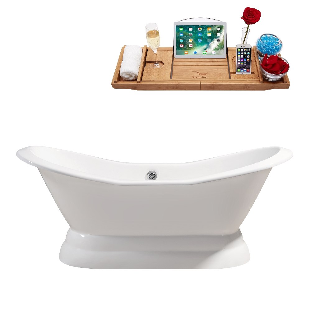 STREAMLINE R5180CH 72 INCH CAST IRON SOAKING FREESTANDING TUB IN GLOSSY WHITE FINISH WITH TRAY AND EXTERNAL DRAIN