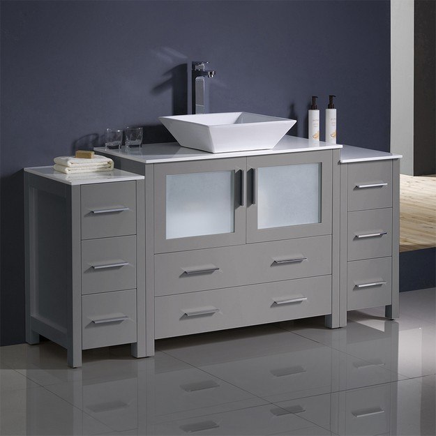 FRESCA FCB62-123612GR-CWH-V TORINO 60 INCH GRAY MODERN BATHROOM CABINETS WITH TOP AND VESSEL SINK