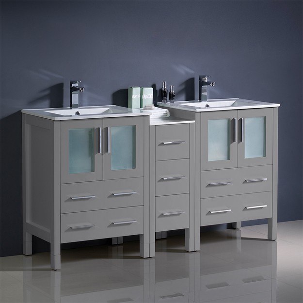 FRESCA FCB62-241224GR-I TORINO 60 INCH GRAY MODERN DOUBLE SINK BATHROOM CABINETS WITH INTEGRATED SINKS