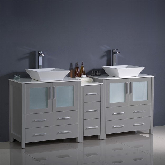 FRESCA FCB62-301230GR-CWH-V TORINO 72 INCH GRAY MODERN DOUBLE SINK BATHROOM CABINETS WITH TOPS AND VESSEL SINKS